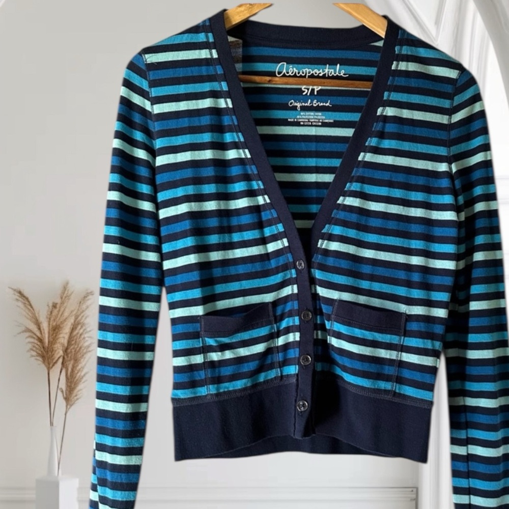 Aeropostale Striped V-Neck Cardigan Lightweight